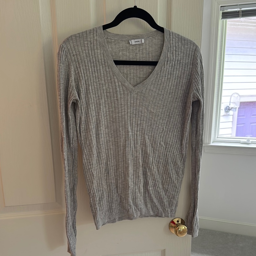 Vince Light Gray Ribbed V-Neck Sweater